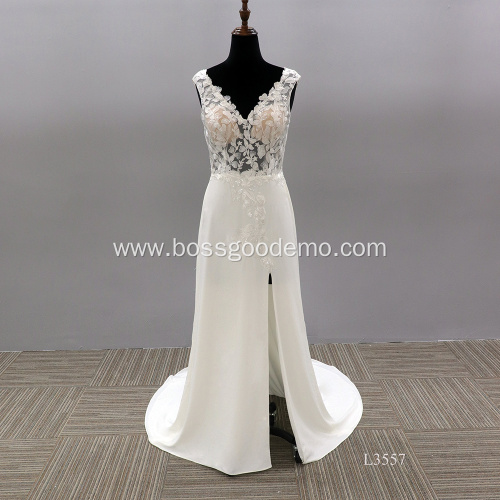 V Neck Modern Beautiful Flower Pattern Applique Elegant Wedding Dress Illusion Backless